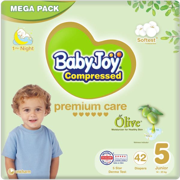 BabyJoy Olive Premium Diapers, Olive Oil Moisturizer, Size 5 X Large, 14-25 Kg, 42 Pieces