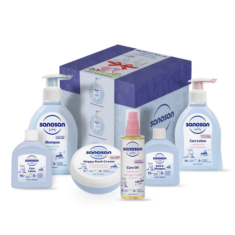 Sanosan Baby Care Gift Box Blue, 6-Item Set with Milk Protein and Organic Olive Oil