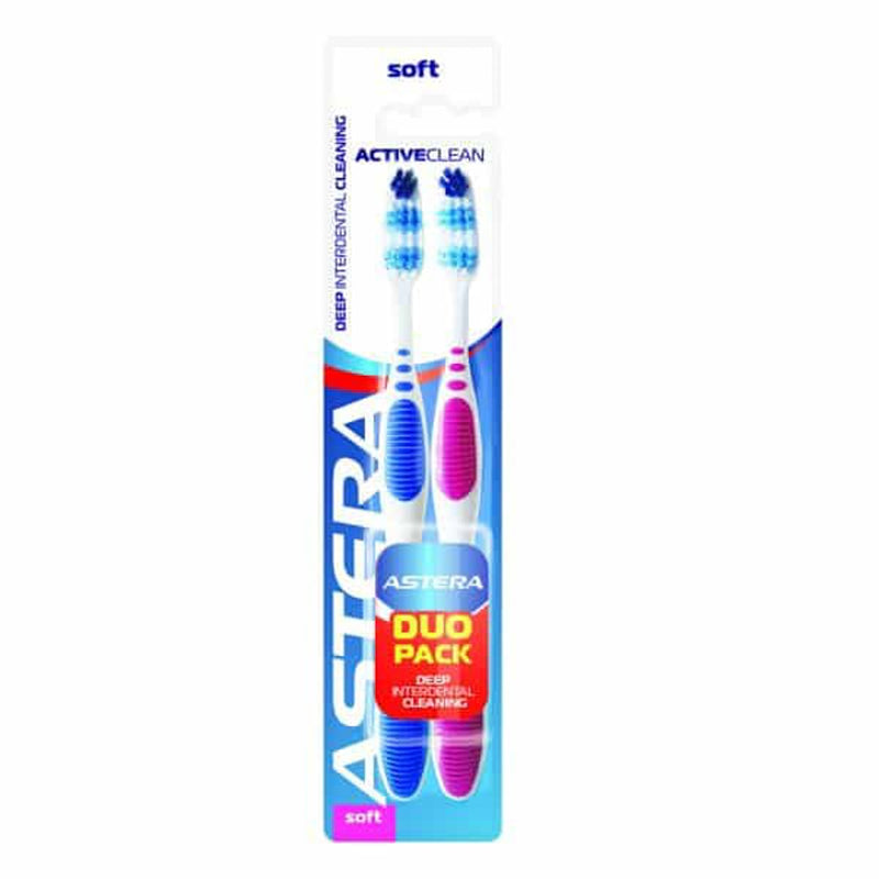 ASTERA Active Clean Toothbrush Soft Bristles Rubber Grip 1+1 Pack
