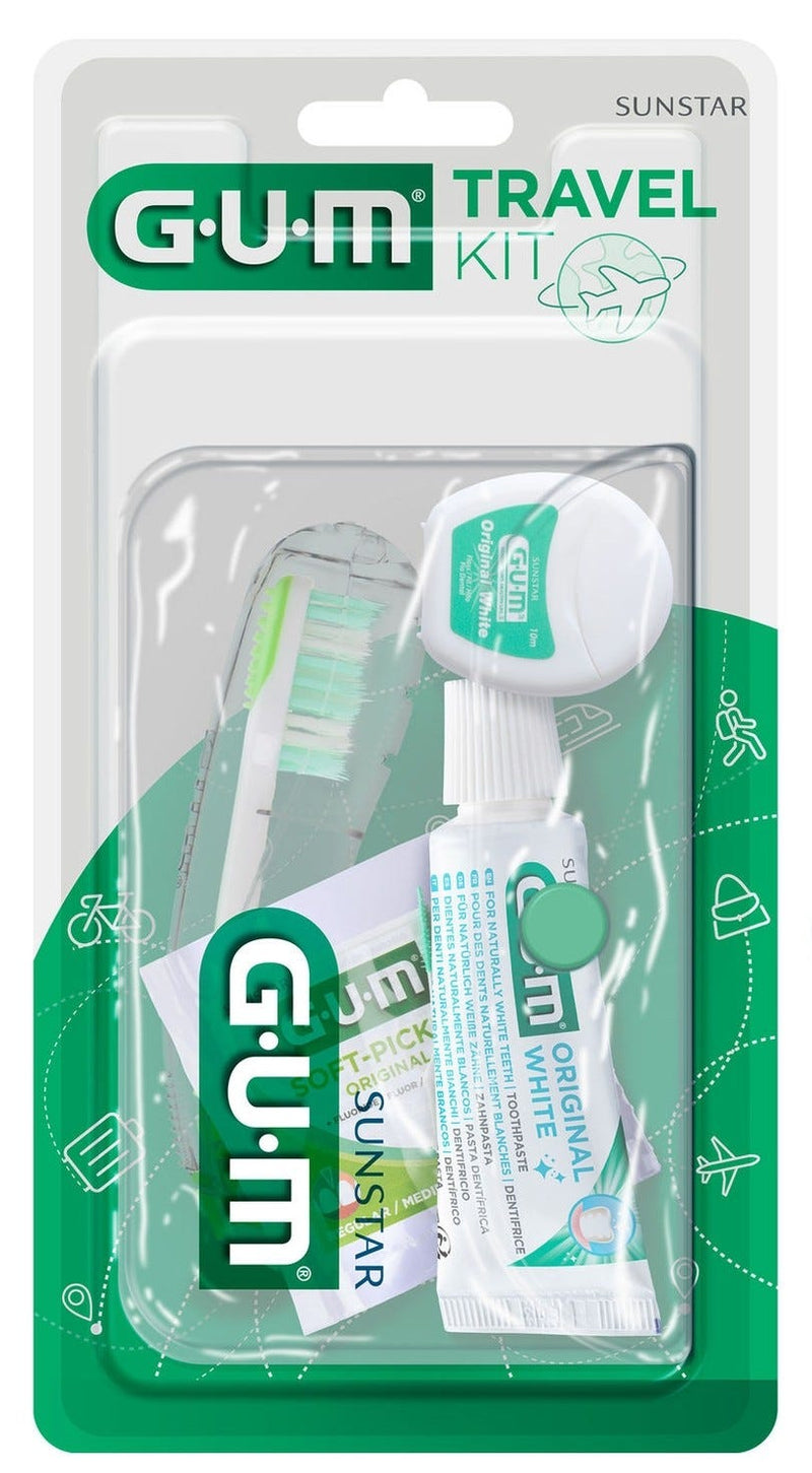 GUM Travel Oral Care Kit with Foldable Toothbrush, Toothpaste, Floss and Minty Interdental Picks
