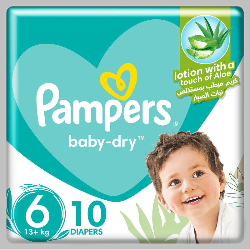 Pampers Baby-Dry Taped Diapers Size 6 Aloe Vera Lotion 13+ kg, 10 Pack