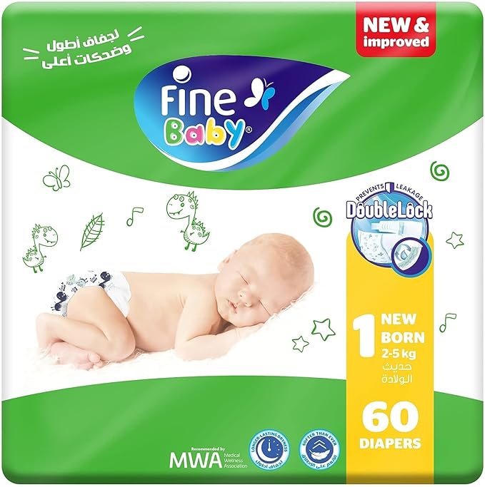 Fine Baby Newborn Nappies Size 1, Jumbo Pack of 60, 2-5 kg