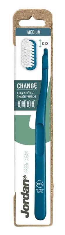 Jordan Green Clean Change Medium Toothbrush Handle with 4 Replacement Heads, Soft Bristles