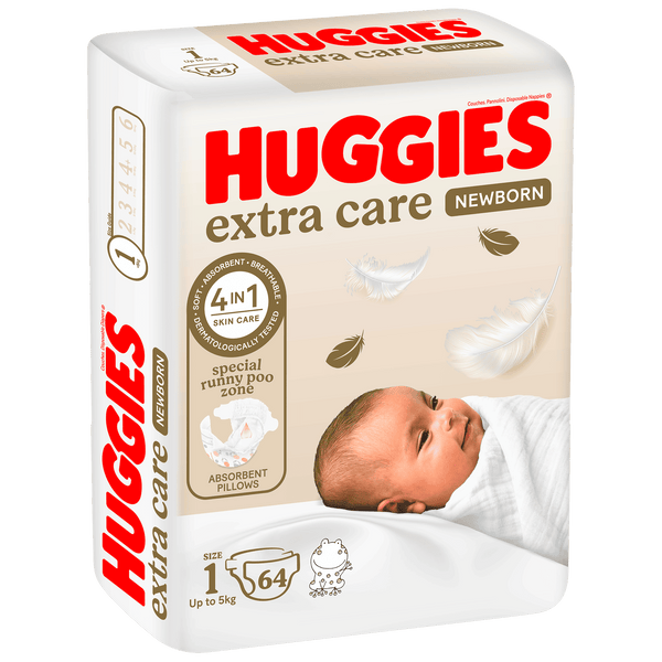 Huggies Extra Care Newborn Disposable Diapers Tape Style Size 1 2-5 Kg 64 Count