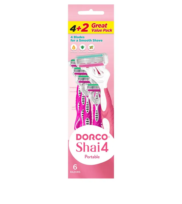 Dorco Shai4 Women Disposable Razors 4-Blade with Vitamin E, Aloe Vera and Argan Oil, 6 Count