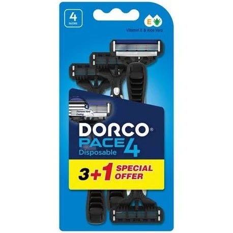 DORCO Pace4 Men's Disposable Razors, 4 Blades, Pivoting Head, 3+1 Pack