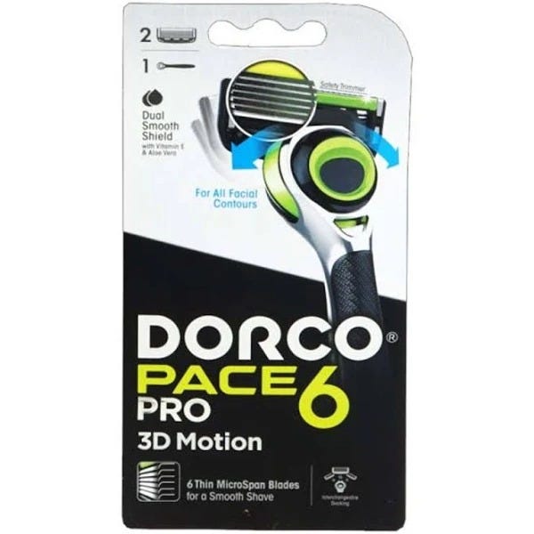 Dorco Pace6 Pro 3D Motion Men's System Razor, Pivoting Head, Flexible Blades