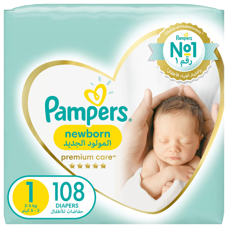 Pampers Premium Care Taped Diapers Size 1 Newborn 2-5kg Mega Pack 108 Diapers