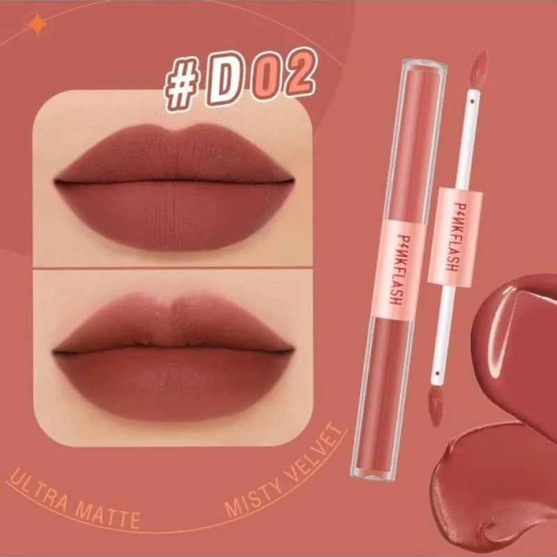 Pink Flash D02 Dual-Ended Lipstick and Lip Gloss Velvet Matte and Glossy Finish