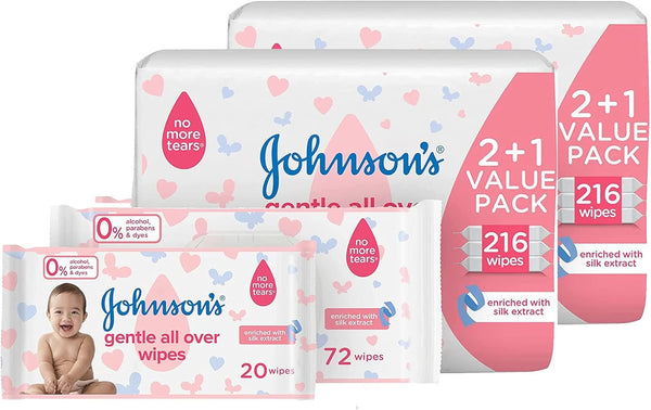 Johnson's Gentle All Over Baby Wipes Silk Extract No More Tears 216 Wipes
