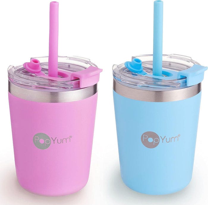 Popyum Stainless Steel Insulated Kids Cups with Lid and Straw, Pink and Blue, Pack of 2, 250 ml