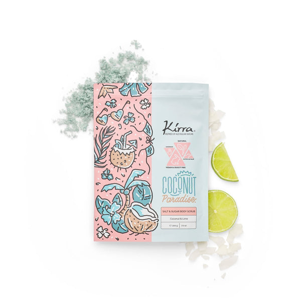 Kirra Coconut Paradise Body Scrub, Vegan Salt & Sugar Exfoliant, Coconut Vanilla Scent, 200g