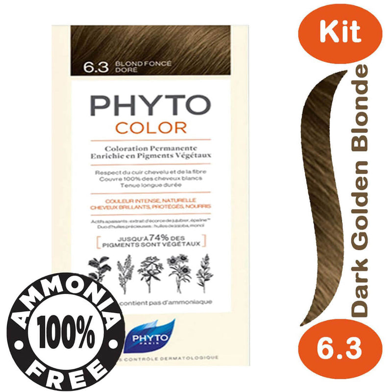 Phyto Color Permanent Hair Dye Kit Dark Golden Blonde 6.3 Plant Pigments Ammonia-Free