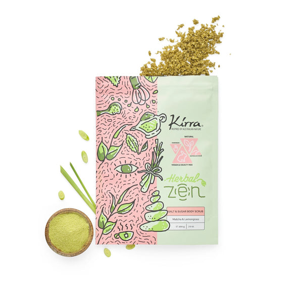 Kirra Herbal Zen Matcha & Lemongrass Body Scrub, Salt and Sugar Exfoliating Formula, 200g