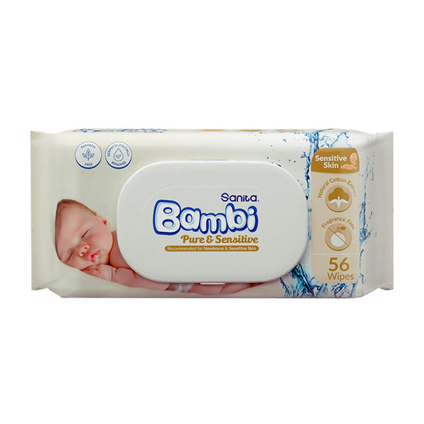 Bambi Baby Wipes Pure and Sensitive Fragrance-Free Aloe Vera 56 Wipes