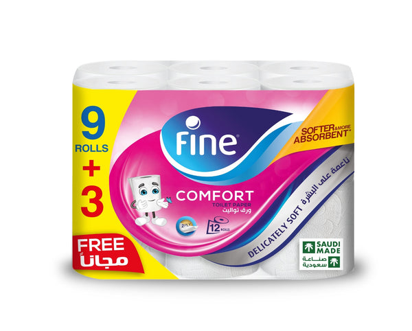 Fine Comfort Toilet Tissue 2-Ply Flushable Soft Toilet Paper, 12 Pack (9+3)