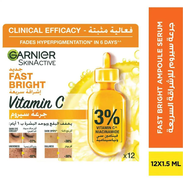 Garnier Fast Bright Vitamin C & Niacinamide Serum Ampoules, 12 x 1.5 ml
