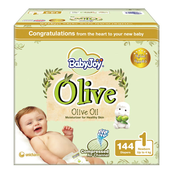 BabyJoy Olive Premium Baby Diapers with Olive Oil Moisturizer, Breathable Materials, 144 Pieces