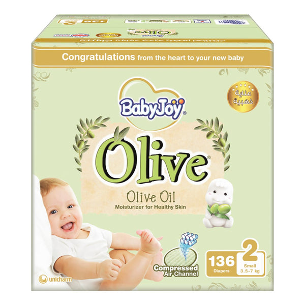 BabyJoy Olive Premium Diapers Olive Oil Moisturizer Size 2, 3.5-7 Kg, 136 Pieces