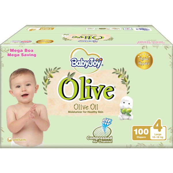 BabyJoy Olive Premium Baby Diapers, Olive Oil Moisturizer, Size 4, 10-18 Kg, 100 Count
