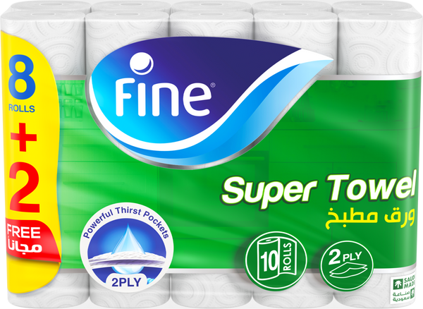 Fine Super Towel Kitchen Paper Towels 2-Ply Semi-Perforated 8 + 2 Rolls
