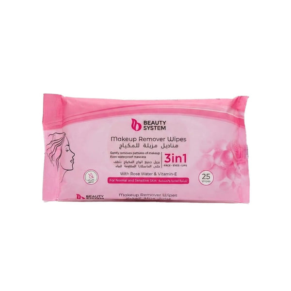Beauty System Makeup Remover Wipes Rose Water Vitamin E 25 Wipes
