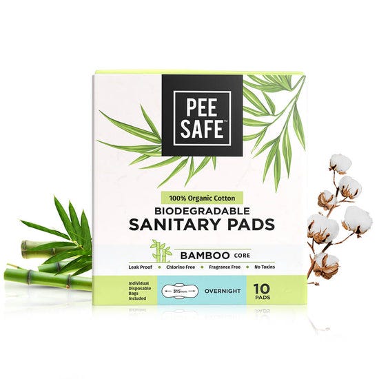 PeeSafe Organic Cotton Sanitary Pads Overnight Bamboo Pulp Core Fragrance Free 10 Pads