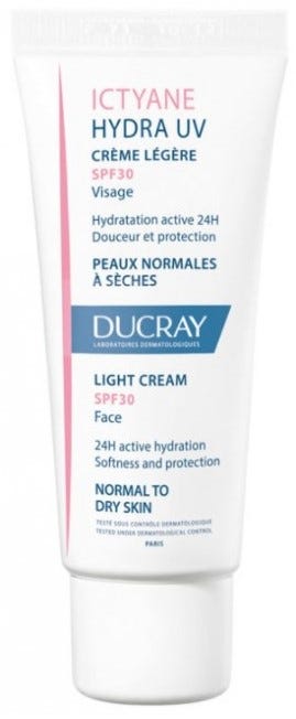 Ducray Ictyane Hydra UV Light Face Cream SPF 30 Acefylline Abyssinian Oil 40 ml