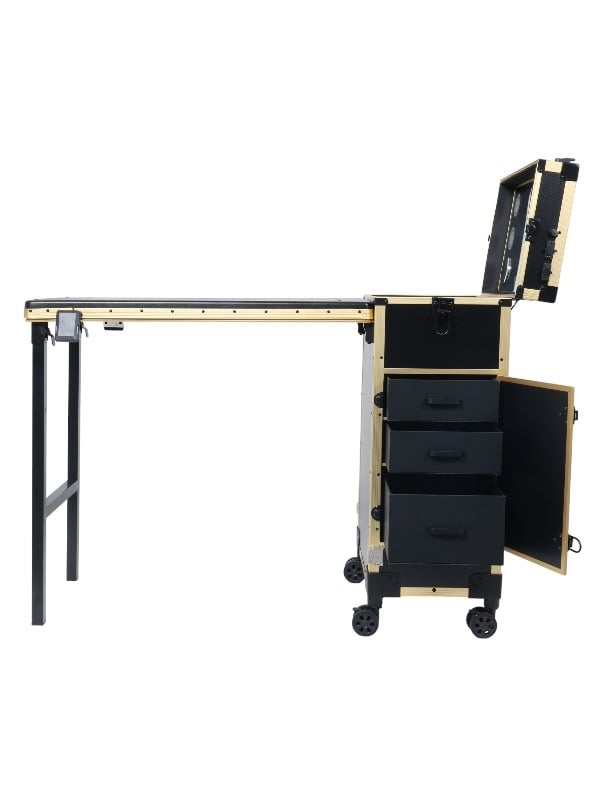 Salon System Makeup Case with Foldable Table, Black & Gold