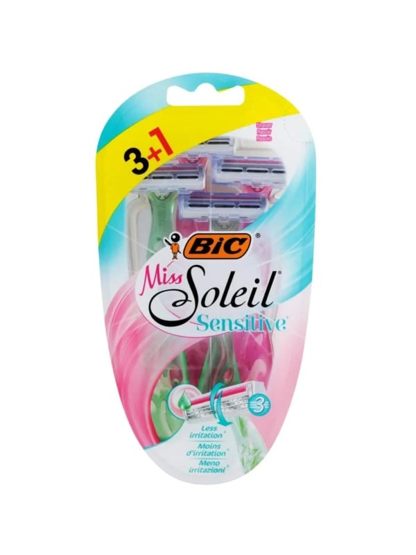 BIC Triple Blade Razors for Sensitive Skin, Comfortable Grip, 4 Pieces