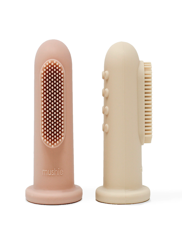 Mushie Finger Toothbrush Soft Silicone BPA-Free Blush/Shifting Sand