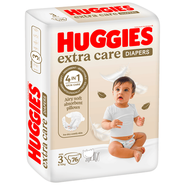 Huggies Extra Care Size 3 Disposable Diapers, Stretchy Waistband, 4-9 kg, 76 Pieces
