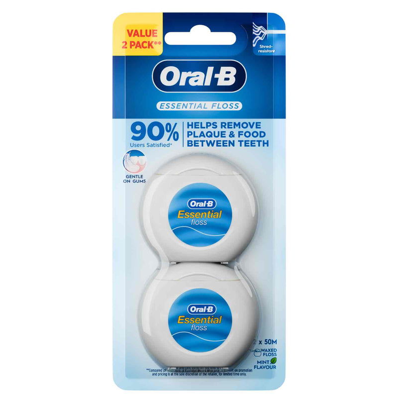 Oral-B Essential Mint Waxed Dental Floss, Shred-Resistant, 2 x 50