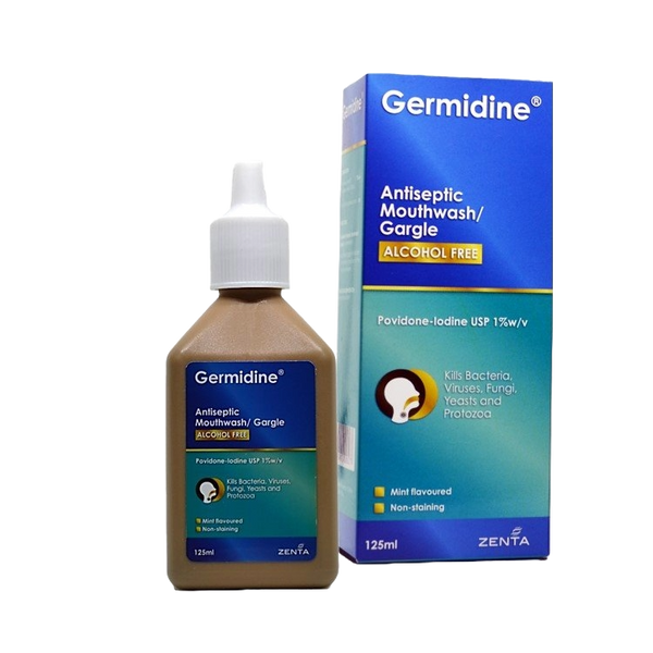 Germidine Antiseptic Mouthwash Alcohol-Free Povidone-Iodine Mint 125 ml