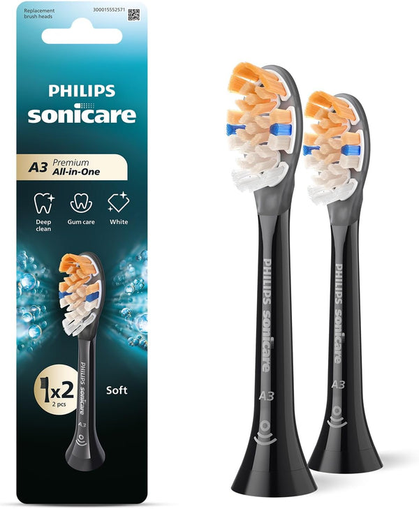 Philips Sonicare A3 All-in-One Soft Toothbrush Replacement Heads, 2-Pack, Black HX9092/91