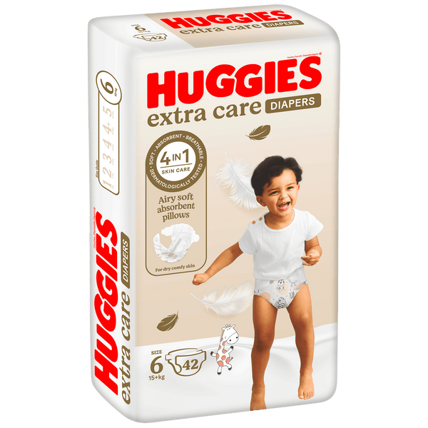 Huggies Extra Care Disposable Diapers Size 6, Stretchy Waistband, Fragrance-Free, 42 Pack, 15+ Kg