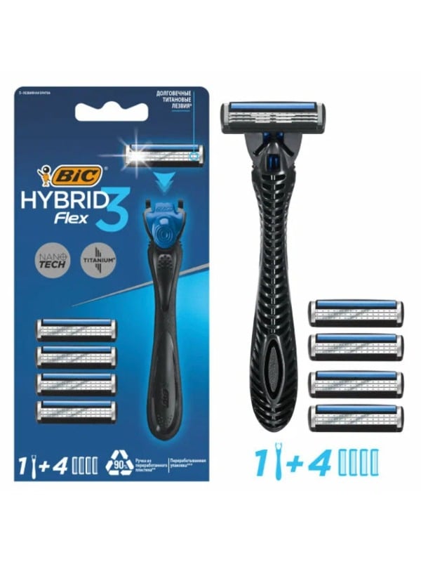 BIC Hybrid Flex 3 Men's Razors, Flexible Facial Contour Technology, 4 Blades