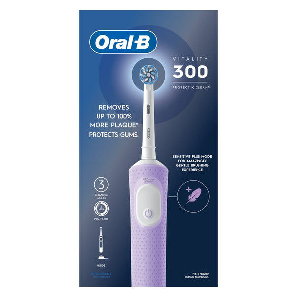 Oral-B Vitality 300 Protect x Clean Rechargeable Electric Toothbrush, 3 Modes, Purple, Pack of 1