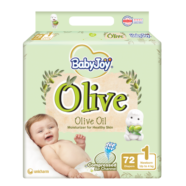 Baby Joy Olive Size 1 Newborn Diapers, Olive Oil, Mega Pack, 72 Count