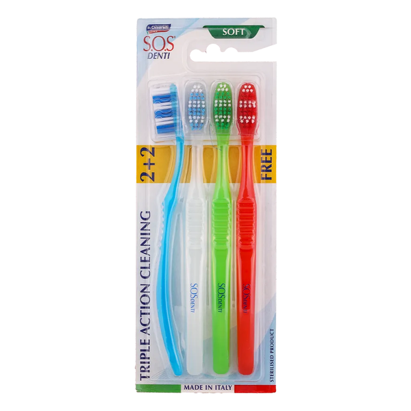 SOS Denti Triple Action Cleaning Toothbrush, 2+2 Soft Bristles