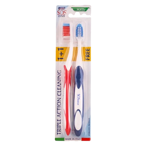 SOS Denti Triple Action Soft Toothbrushes, Ergonomic Handle, 1+1 Pack
