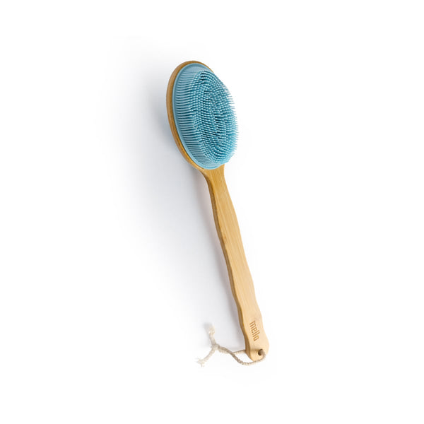 Mella 2-in-1 Body Scrub and Shampoo Brush, Silicone Bristles, Blue, 16-Inch Bamboo Handle