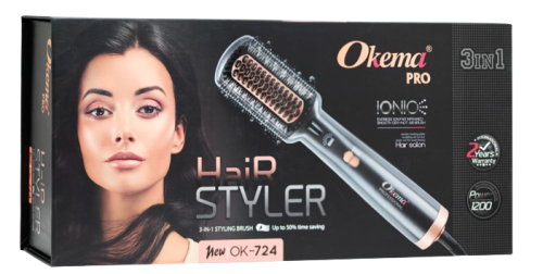 Okema OK724 3-in-1 Hair Drying and Straightening Brush, Ionic Technology, Multiple Heat Settings