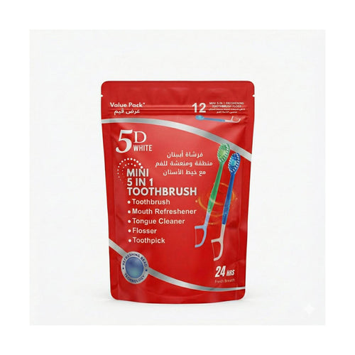 5D White Mini 5-in-1 Toothbrush and Dental Floss, 12-Piece Pack