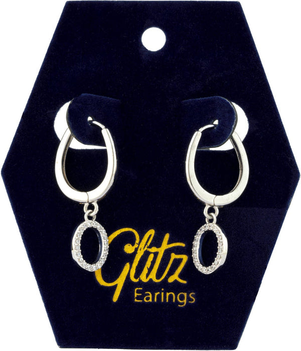 Glitz Oval Pendant Earrings Stainless Steel Zircon Silver Pair