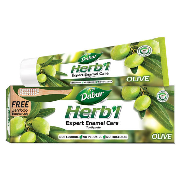 Dabur Herbal Olive Enamel Care Toothpaste with Toothbrush, 150g