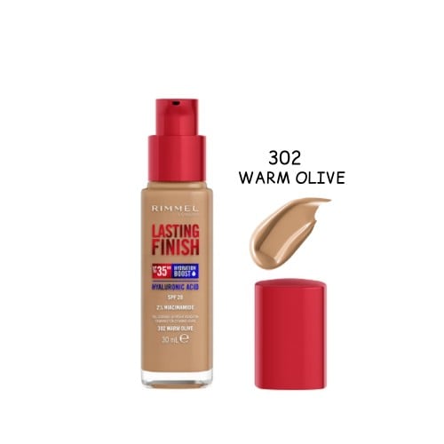 Rimmel London Lasting Finish Liquid Foundation Natural Finish Hyaluronic Acid 2% Niacinamide Warm Olive 302 30ml