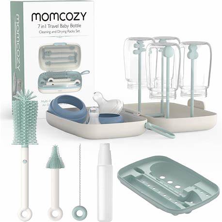 Momcozy 7-in-1 Baby Bottle Brush Set with Drying Rack, Green