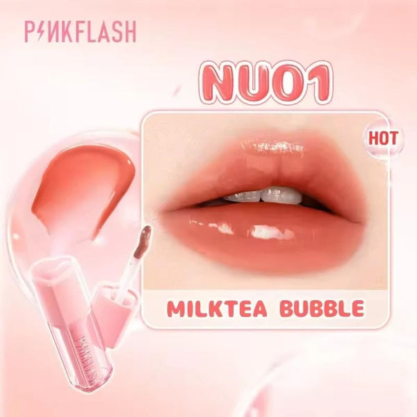 Pink Flash Lip Gloss NU01 Milktea Bubble Peachy Nude Glassy Shine