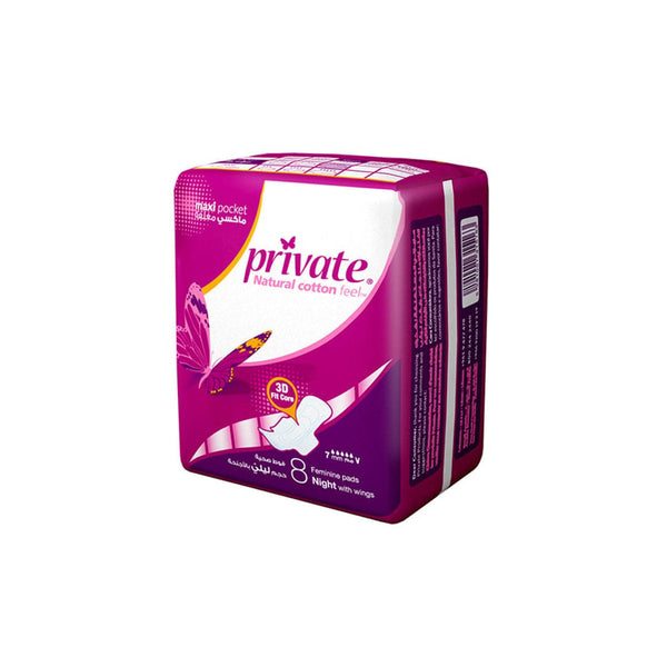 Private Maxi Pocket Night Napkins Night Pads with Wings, Cotton-Feel Cover, 8 Pads